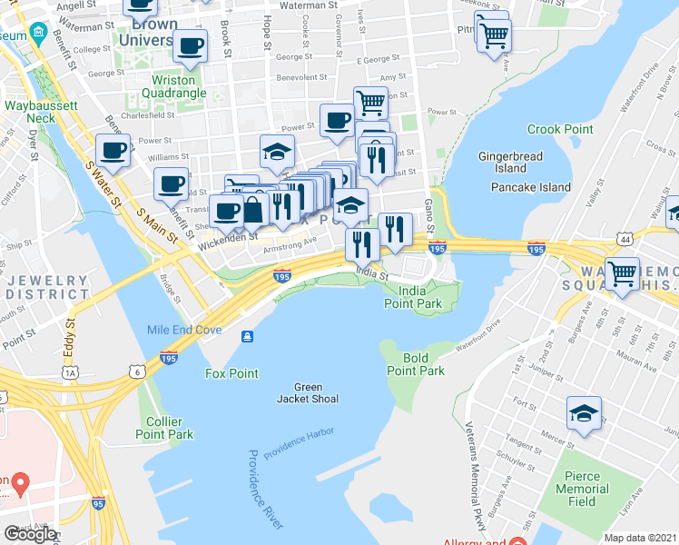 map of restaurants, bars, coffee shops, grocery stores, and more near 225 India Street in Providence