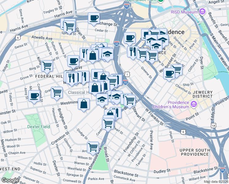 map of restaurants, bars, coffee shops, grocery stores, and more near 743 Westminster Street in Providence