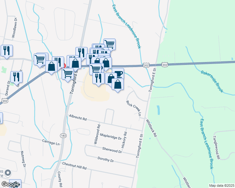 map of restaurants, bars, coffee shops, grocery stores, and more near 1922 East Main Street in Torrington