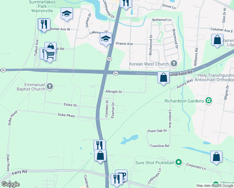 map of restaurants, bars, coffee shops, grocery stores, and more near 29W700 Albright Street in Warrenville
