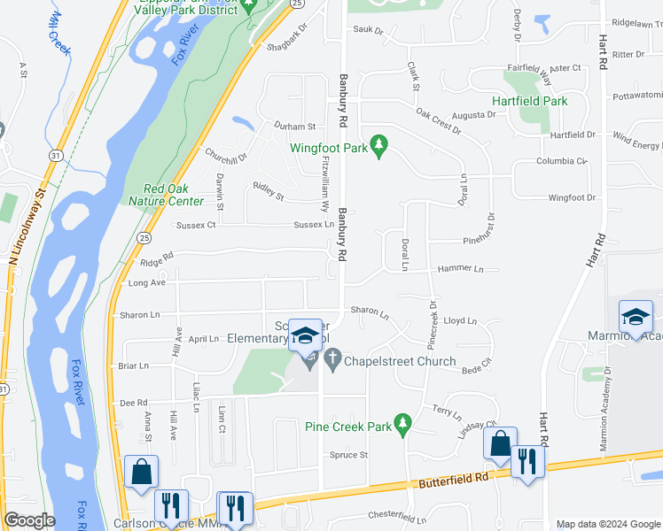 map of restaurants, bars, coffee shops, grocery stores, and more near 374 Ridge Road in North Aurora