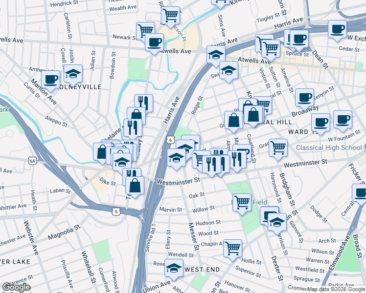 map of restaurants, bars, coffee shops, grocery stores, and more near 559 Broadway in Providence