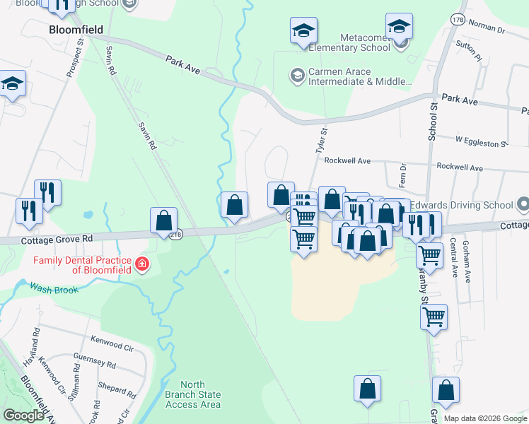 map of restaurants, bars, coffee shops, grocery stores, and more near 438 Cottage Grove Road in Bloomfield