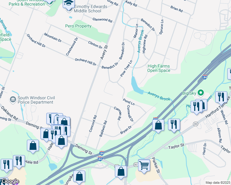 map of restaurants, bars, coffee shops, grocery stores, and more near 66 Good Hill Road in South Windsor