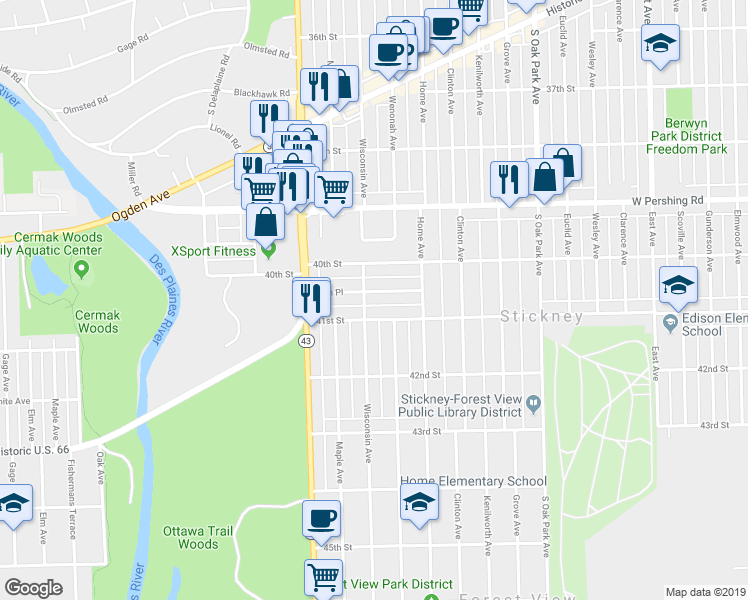 map of restaurants, bars, coffee shops, grocery stores, and more near 7041 40th Place in Stickney