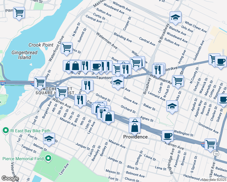 map of restaurants, bars, coffee shops, grocery stores, and more near 92 Grove Avenue in East Providence