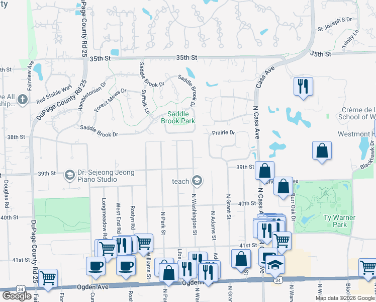 map of restaurants, bars, coffee shops, grocery stores, and more near 3804 North Washington Street in Westmont