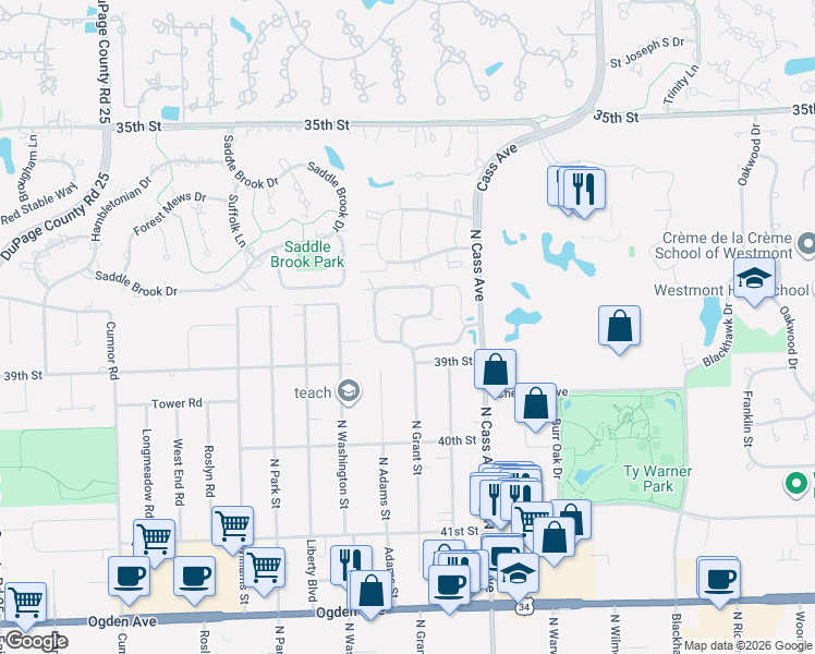 map of restaurants, bars, coffee shops, grocery stores, and more near 148 White Birch Lane in Westmont