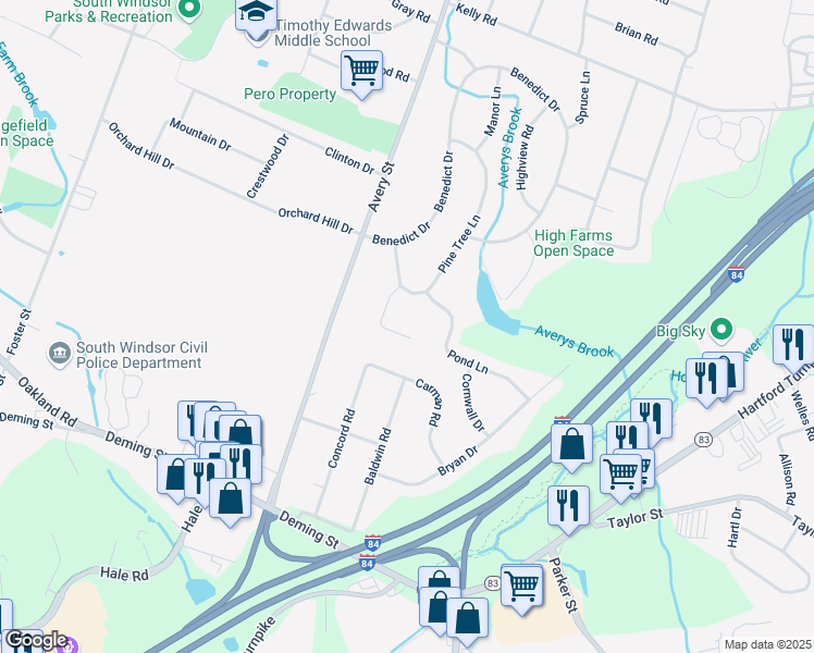 map of restaurants, bars, coffee shops, grocery stores, and more near 66 Good Hill Road in South Windsor