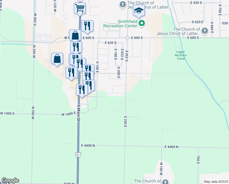 map of restaurants, bars, coffee shops, grocery stores, and more near 855 South 250 East in Smithfield