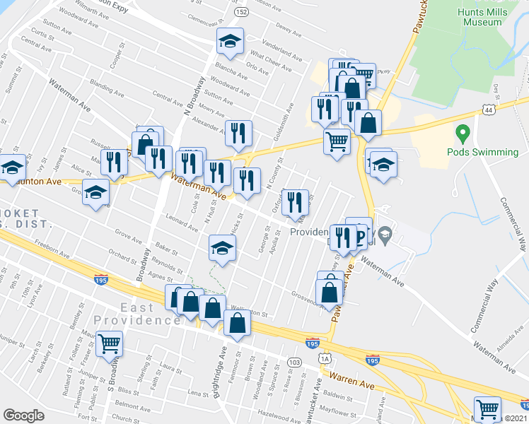 map of restaurants, bars, coffee shops, grocery stores, and more near 410 Waterman Avenue in East Providence
