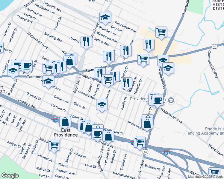 map of restaurants, bars, coffee shops, grocery stores, and more near 393 Waterman Avenue in East Providence