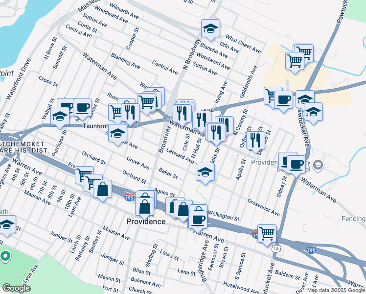 map of restaurants, bars, coffee shops, grocery stores, and more near 41R Cole Street in East Providence