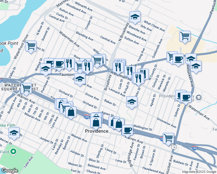 map of restaurants, bars, coffee shops, grocery stores, and more near 38 Leonard Avenue in East Providence