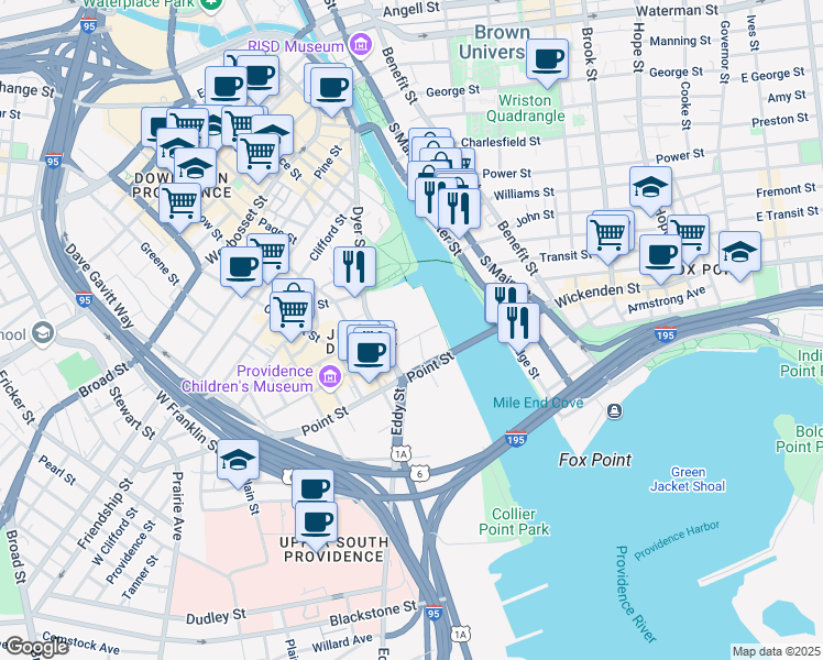 map of restaurants, bars, coffee shops, grocery stores, and more near in Providence