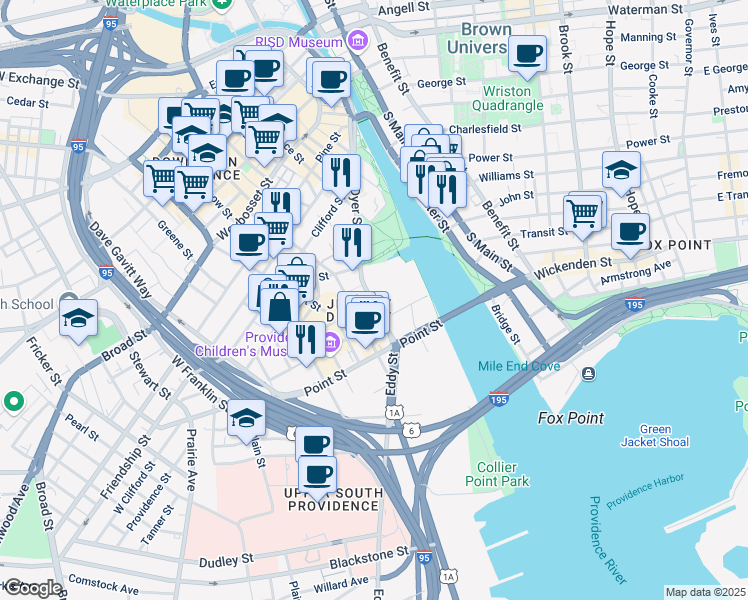 map of restaurants, bars, coffee shops, grocery stores, and more near 342 Eddy Street in Providence