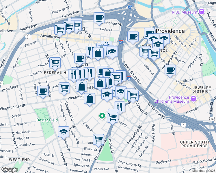 map of restaurants, bars, coffee shops, grocery stores, and more near 8 Winter Street in Providence