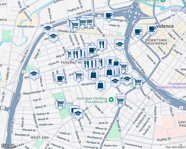 map of restaurants, bars, coffee shops, grocery stores, and more near 470 West Fountain Street in Providence