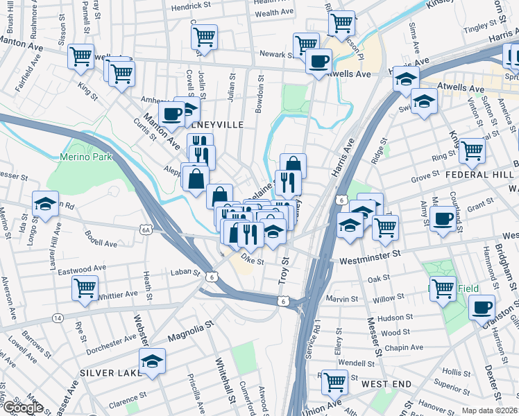 map of restaurants, bars, coffee shops, grocery stores, and more near 148 Delaine Street in Providence