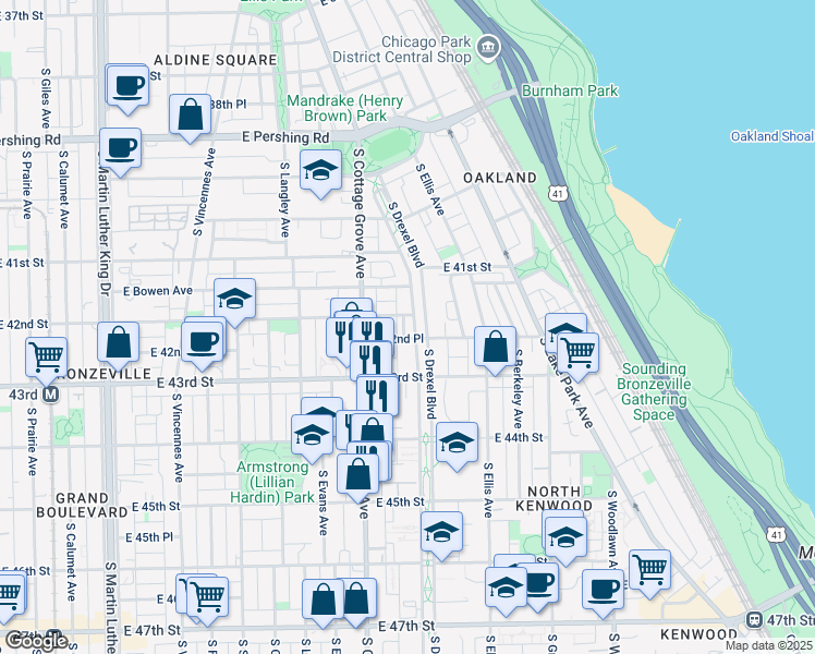 map of restaurants, bars, coffee shops, grocery stores, and more near 4158 South Drexel Boulevard in Chicago