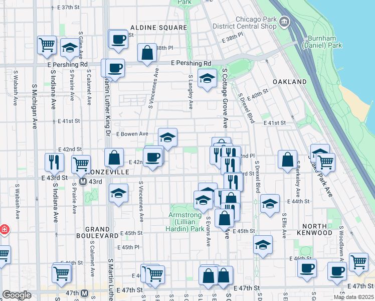 map of restaurants, bars, coffee shops, grocery stores, and more near 623 East 42nd Street in Chicago