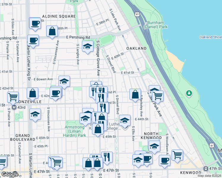 map of restaurants, bars, coffee shops, grocery stores, and more near 4178 South Drexel Boulevard in Chicago