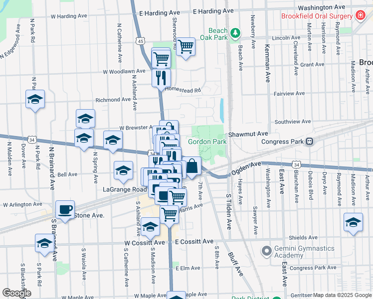 map of restaurants, bars, coffee shops, grocery stores, and more near 31 East Ogden Avenue in La Grange