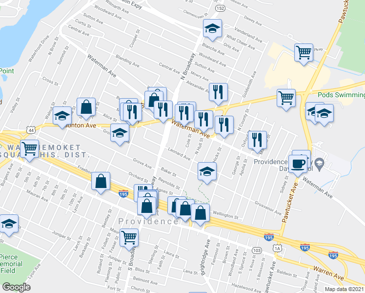map of restaurants, bars, coffee shops, grocery stores, and more near 41R Cole St in East Providence