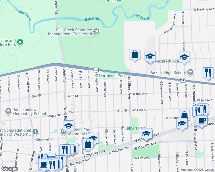 map of restaurants, bars, coffee shops, grocery stores, and more near 3917 Clausen Avenue in Western Springs