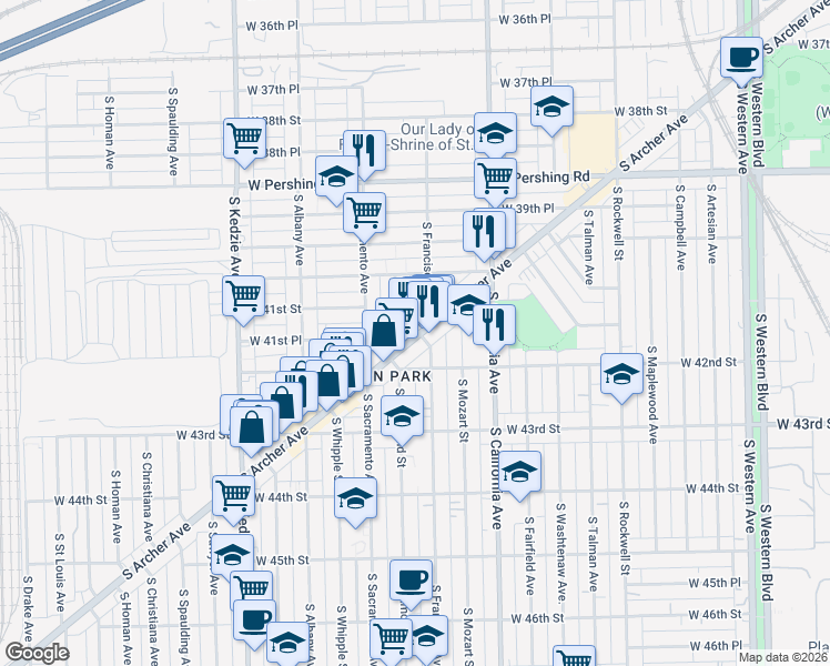 map of restaurants, bars, coffee shops, grocery stores, and more near 4134 South Archer Avenue in Chicago