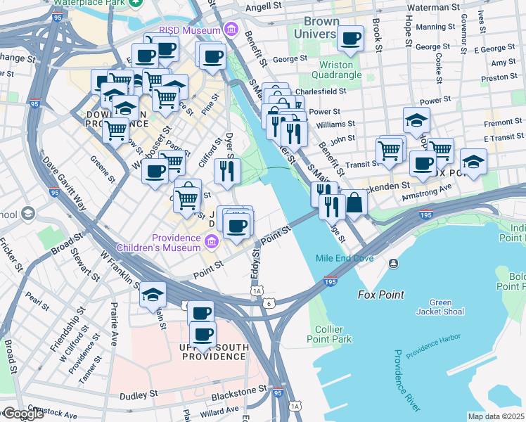 map of restaurants, bars, coffee shops, grocery stores, and more near 350 Eddy Street in Providence
