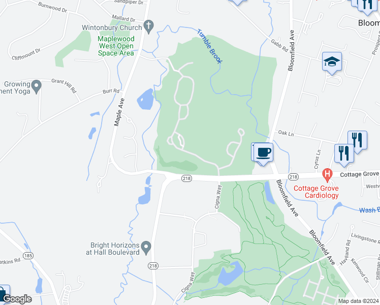 map of restaurants, bars, coffee shops, grocery stores, and more near Bay Hill Drive in Bloomfield
