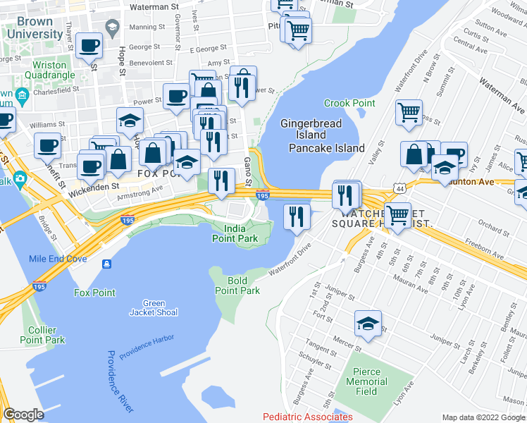 map of restaurants, bars, coffee shops, grocery stores, and more near 258 India Street in Providence