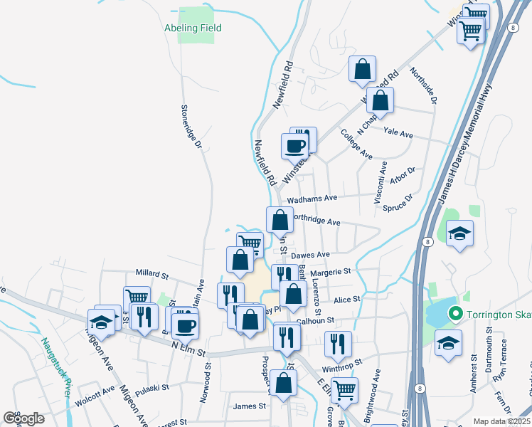 map of restaurants, bars, coffee shops, grocery stores, and more near 883 Main Street in Torrington