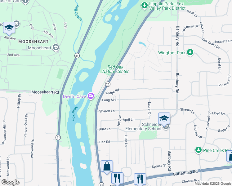 map of restaurants, bars, coffee shops, grocery stores, and more near 202 Ridge Road in North Aurora