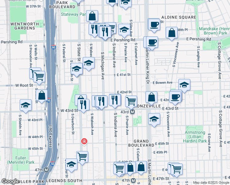 map of restaurants, bars, coffee shops, grocery stores, and more near South Indiana Avenue & East 42nd Street in Chicago