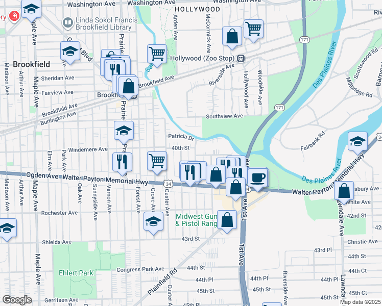 map of restaurants, bars, coffee shops, grocery stores, and more near 4002 Konrad Avenue in Lyons