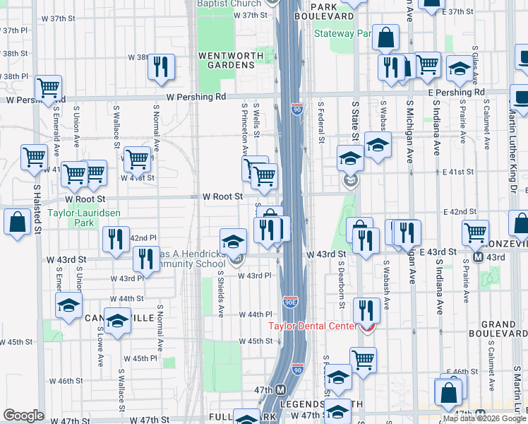 map of restaurants, bars, coffee shops, grocery stores, and more near 4150 South Wentworth Avenue in Chicago