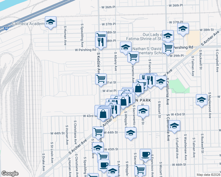 map of restaurants, bars, coffee shops, grocery stores, and more near 3140 West 41st Place in Chicago