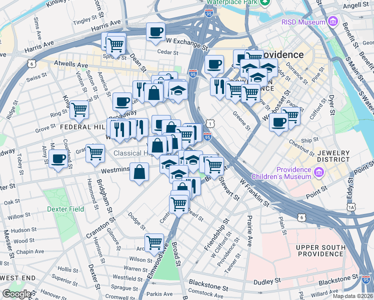 map of restaurants, bars, coffee shops, grocery stores, and more near 745 Westminster Street in Providence