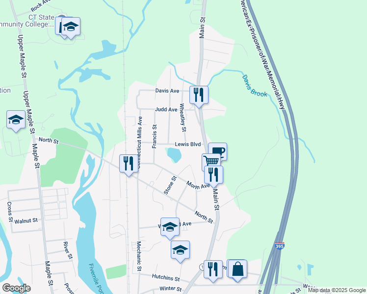 map of restaurants, bars, coffee shops, grocery stores, and more near 41 Lewis Boulevard in Killingly
