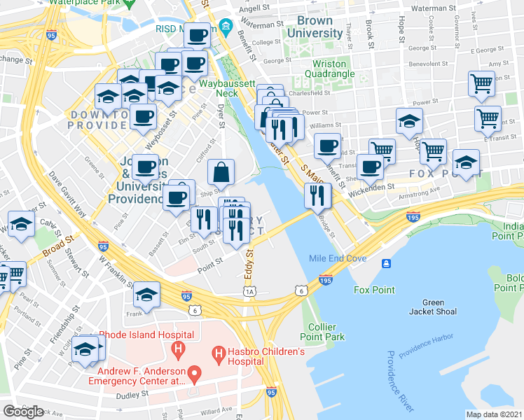 map of restaurants, bars, coffee shops, grocery stores, and more near 3 South Street in Providence