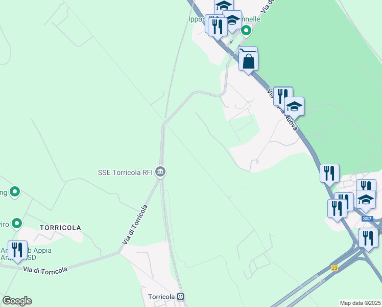 map of restaurants, bars, coffee shops, grocery stores, and more near Via Appia Antica in Roma