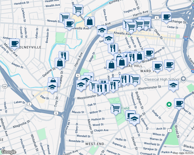 map of restaurants, bars, coffee shops, grocery stores, and more near 492 Broadway in Providence
