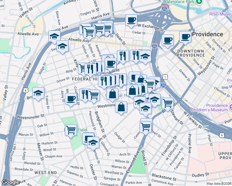 map of restaurants, bars, coffee shops, grocery stores, and more near 468 West Fountain Street in Providence