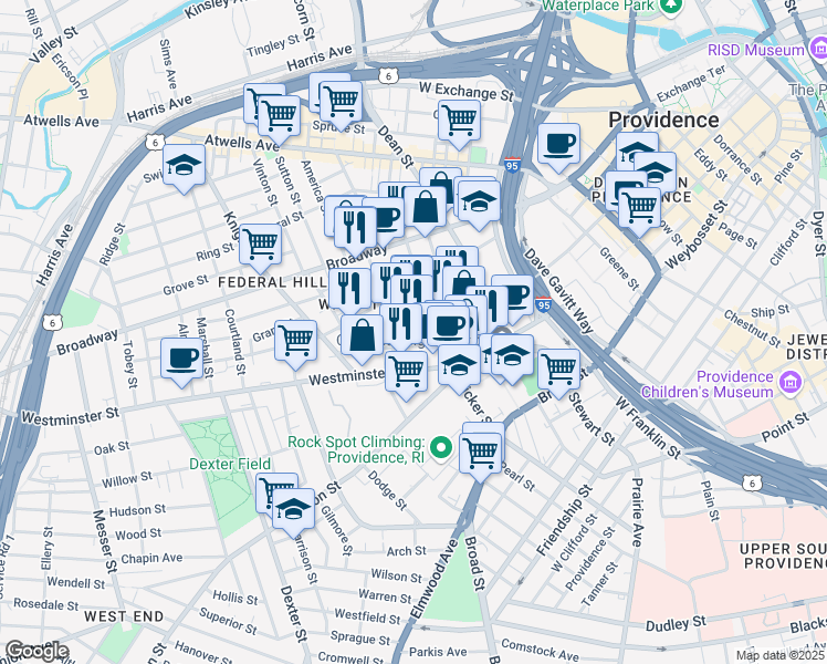 map of restaurants, bars, coffee shops, grocery stores, and more near 432 West Fountain Street in Providence
