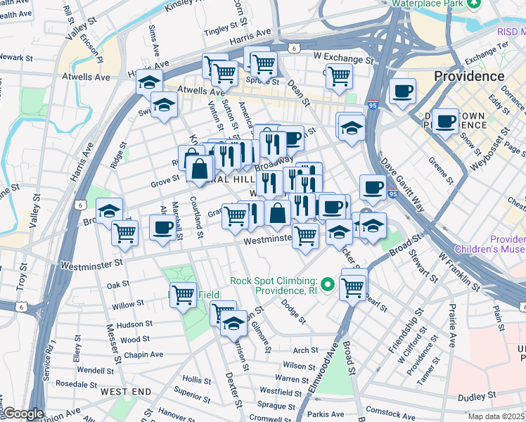 map of restaurants, bars, coffee shops, grocery stores, and more near in Providence