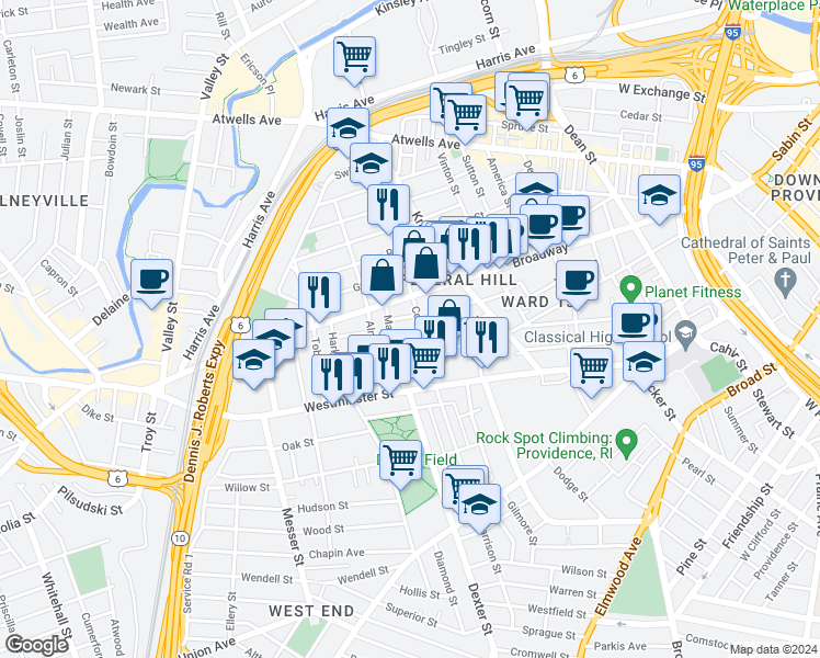 map of restaurants, bars, coffee shops, grocery stores, and more near 8 Armenia Street in Providence