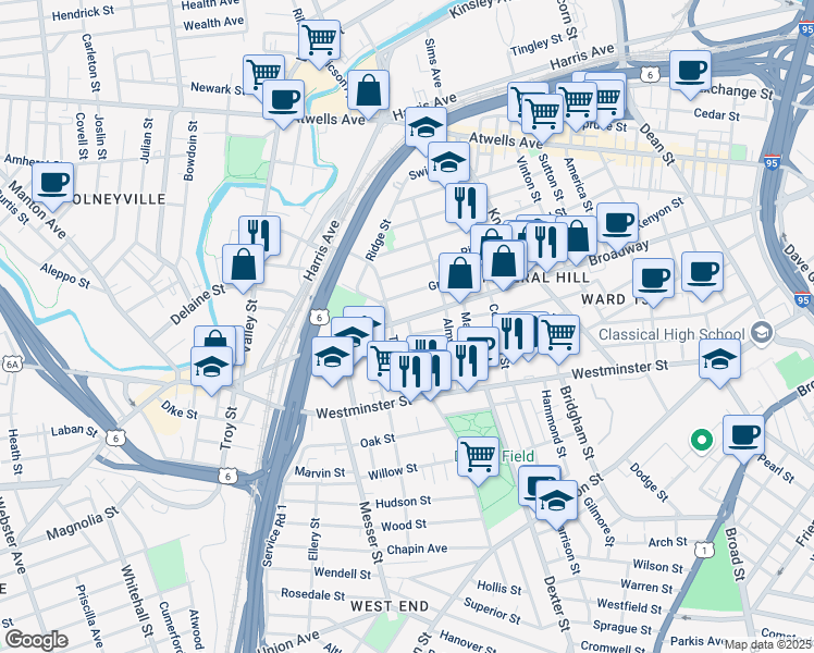 map of restaurants, bars, coffee shops, grocery stores, and more near 492 Broadway in Providence