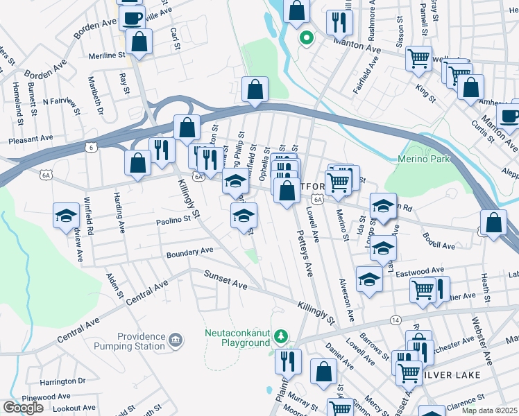 map of restaurants, bars, coffee shops, grocery stores, and more near 82 Ophelia Street in Providence